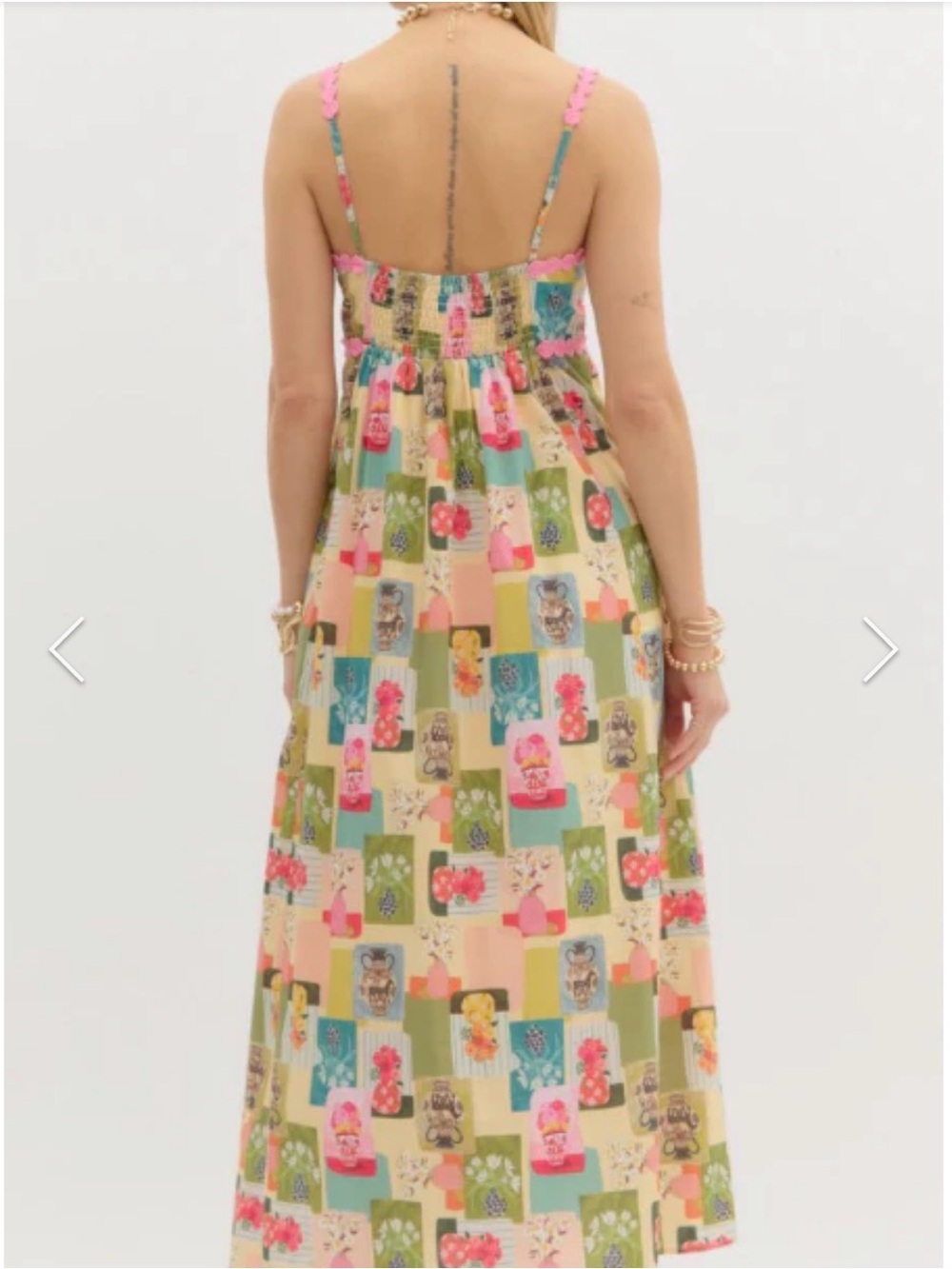 Entro Vase Print Dress Midi S Cotton Sleeveless Smocked Pockets scallop trim